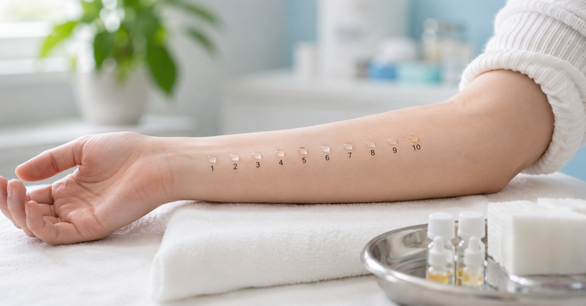 Unterarm mit nummerierten Testpunkten beim Allergie-Prick-Test auf weißem Tuch in heller klinischer Umgebung