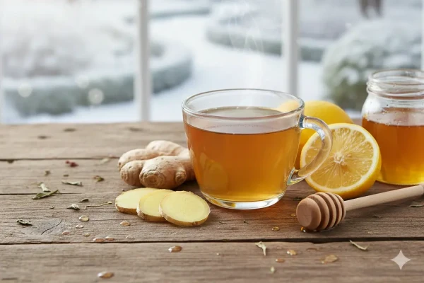 Heißer Ingwer-Zitronen-Tee mit Honig auf Holztisch, verschneiter Wintergarten durch Fenster im Hintergrund