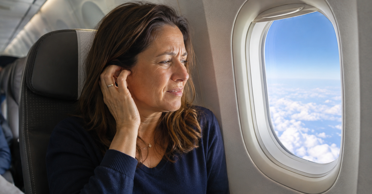 Frau im Flugzeug hält sich das Ohr — Ohrenschmerzen beim Fliegen durch Druckausgleich-Probleme
