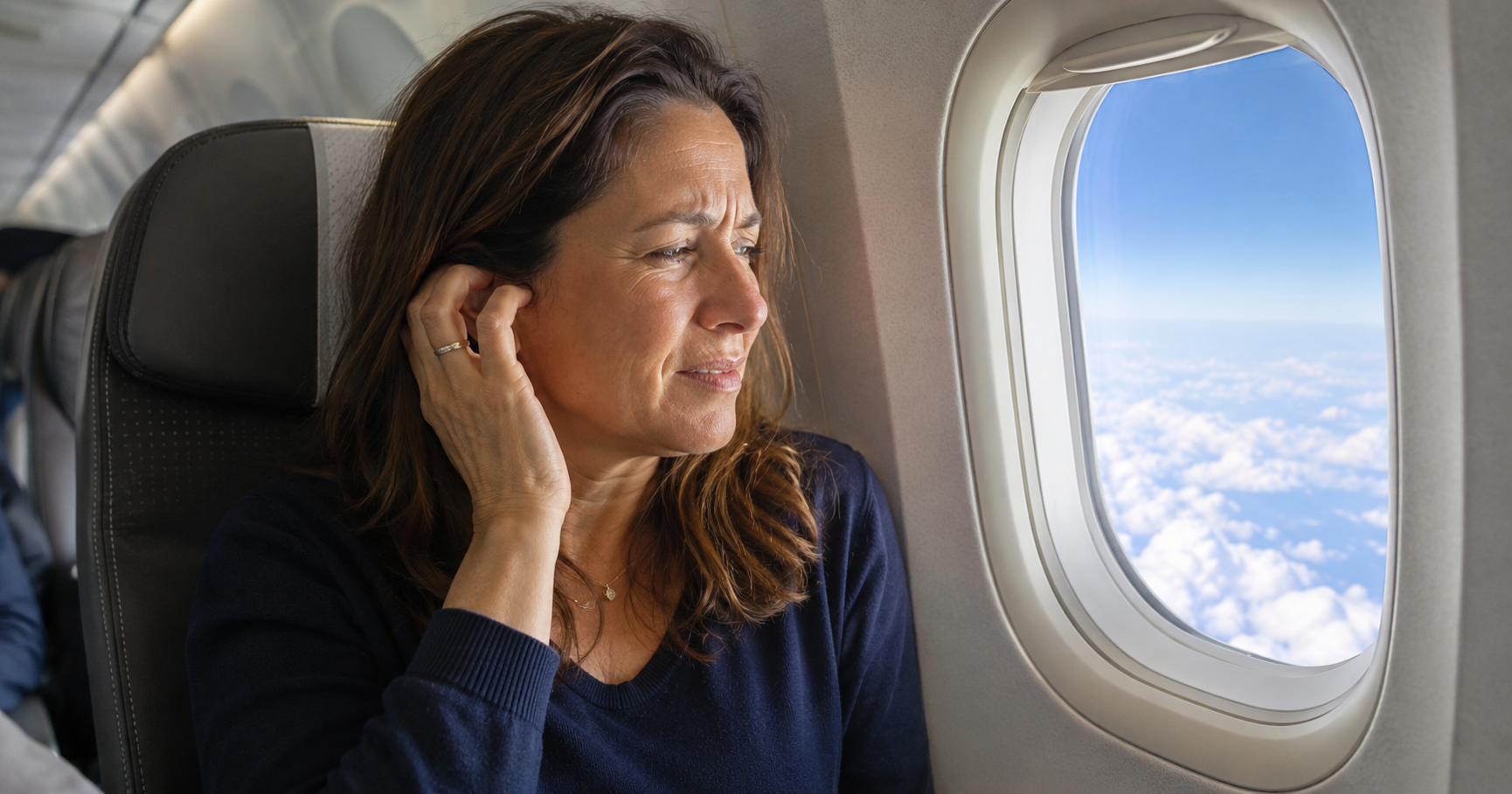 Frau im Flugzeug hält sich das Ohr — Ohrenschmerzen beim Fliegen durch Druckausgleich-Probleme