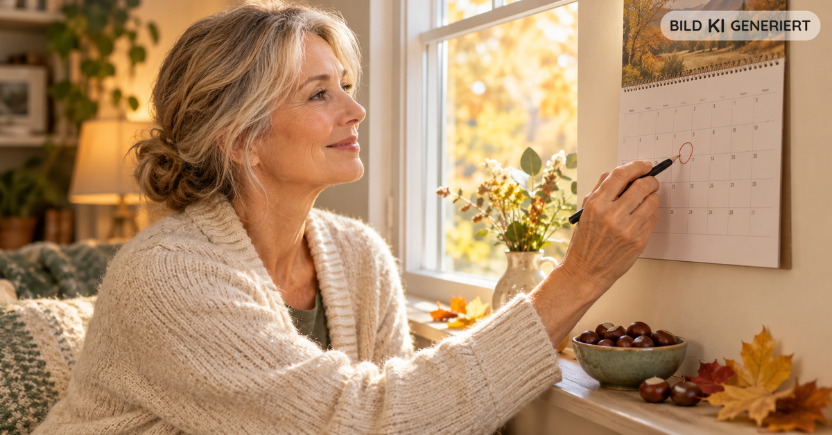 Frau um die 60 markiert im Herbstlicht am Fenster ein Datum im Wandkalender