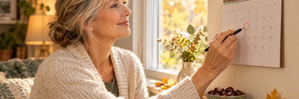 Frau um die 60 markiert im Herbstlicht am Fenster ein Datum im Wandkalender