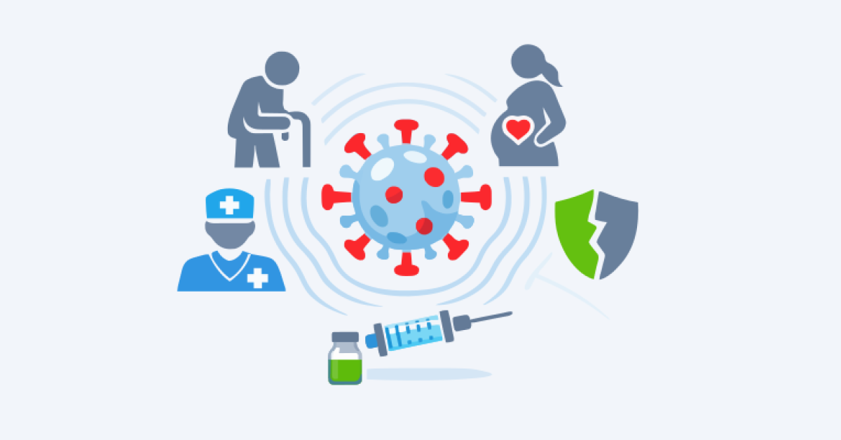 Illustration eines Influenza-Virus inmitten vulnerabler Gruppen, darunter ein Grippeimpfstoff