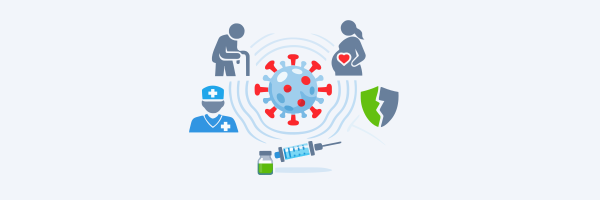 Illustration eines Influenza-Virus inmitten vulnerabler Gruppen, darunter ein Grippeimpfstoff