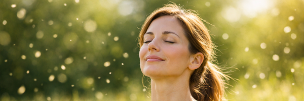 Frau im Freien, umgeben von Blütenpollen, unbeschwert