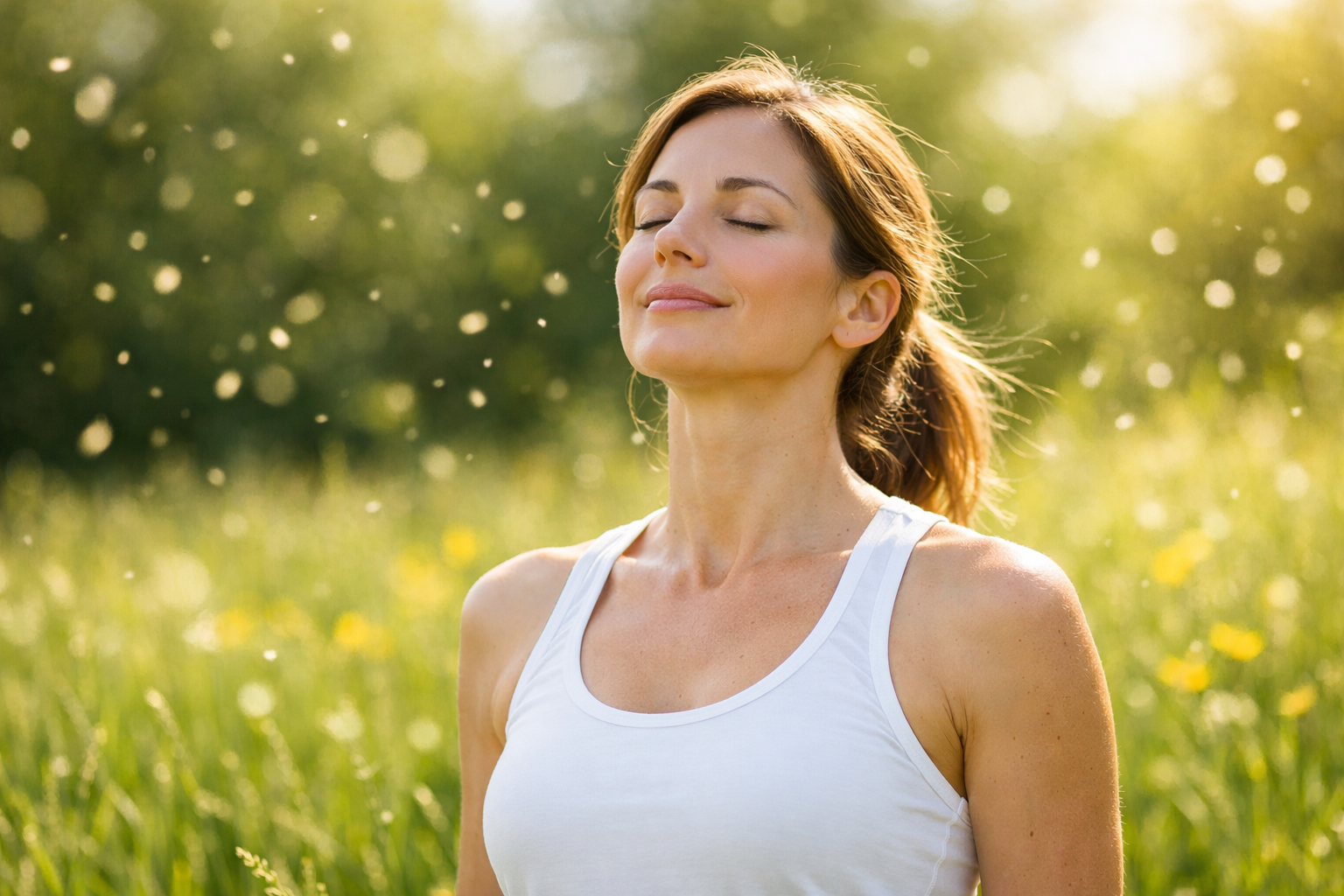 Frau im Freien, umgeben von Blütenpollen, unbeschwert