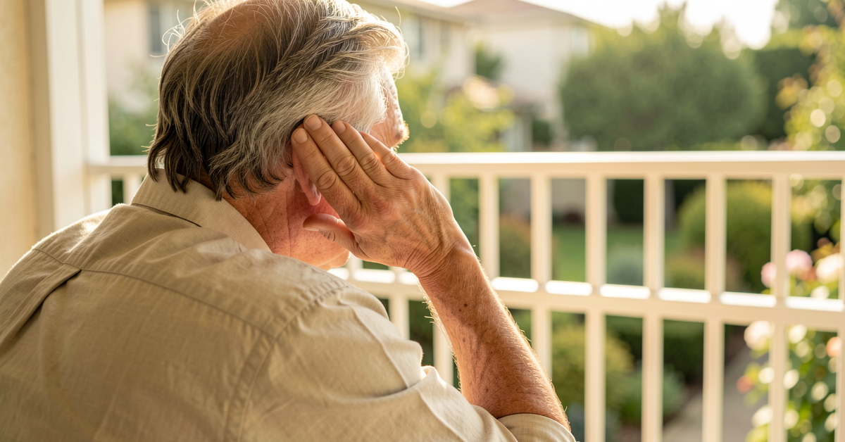 Älterer Mann auf sonniger Terrasse lauscht aufmerksam — Symbol für nachlassendes Hörvermögen