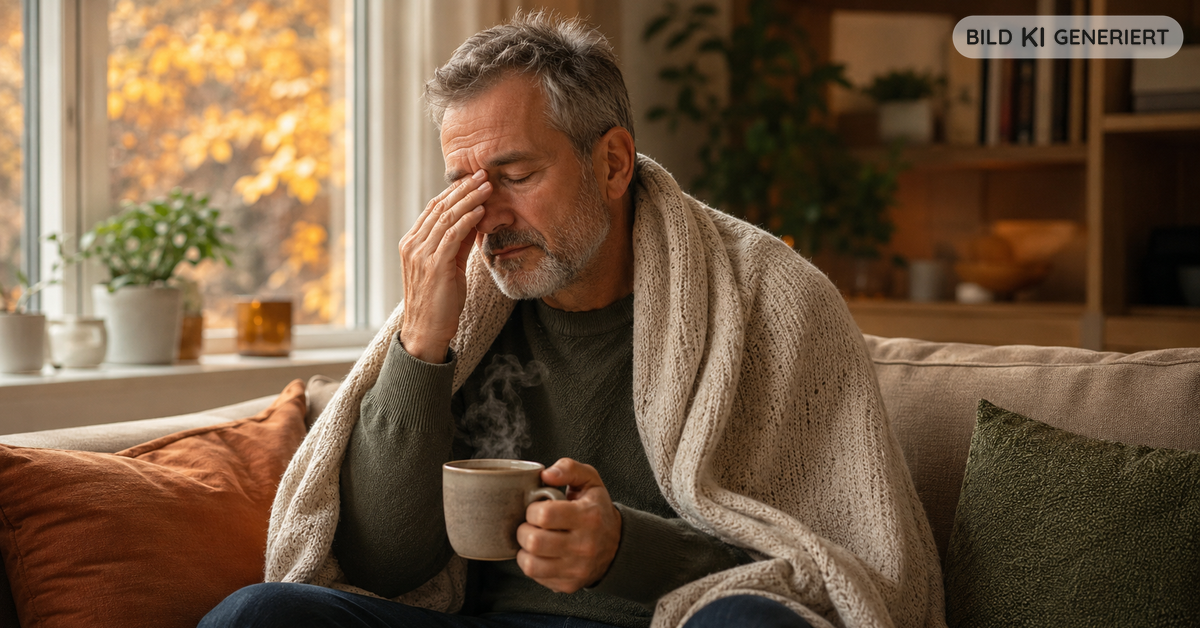 Ein Mann Mitte 50 sitzt, in eine Decke gehüllt, mit einer Tasse Tee auf dem Sofa und berührt mit den Fingerspitzen seine Nasenwurzel
