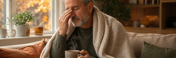Ein Mann Mitte 50 sitzt, in eine Decke gehüllt, mit einer Tasse Tee auf dem Sofa und berührt mit den Fingerspitzen seine Nasenwurzel