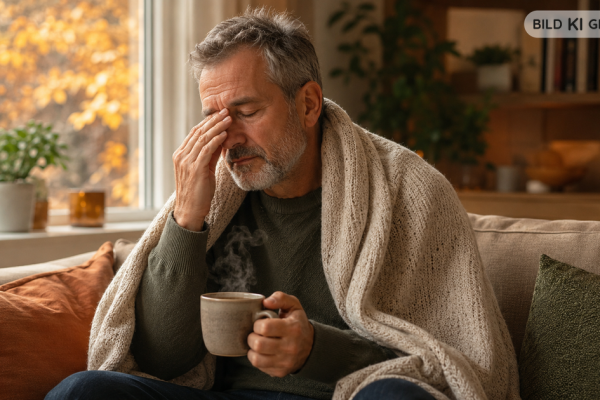 Ein Mann Mitte 50 sitzt, in eine Decke gehüllt, mit einer Tasse Tee auf dem Sofa und berührt mit den Fingerspitzen seine Nasenwurzel