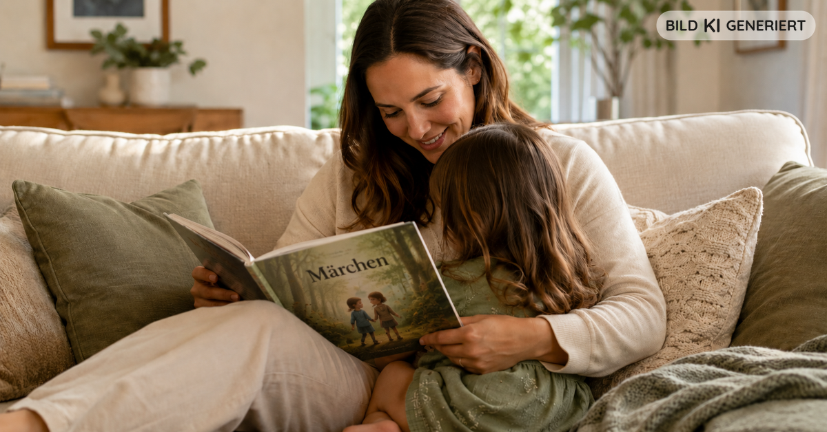 Mutter liest ihrem Kind auf dem Sofa vor, das Kind ist von hinten zu sehen - symbolisch für Geborgenheit und ruhiges Abwarten bei vergrößerten Rachenmandeln