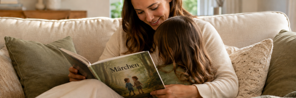Mutter liest ihrem Kind auf dem Sofa vor, das Kind ist von hinten zu sehen - symbolisch für Geborgenheit und ruhiges Abwarten bei vergrößerten Rachenmandeln