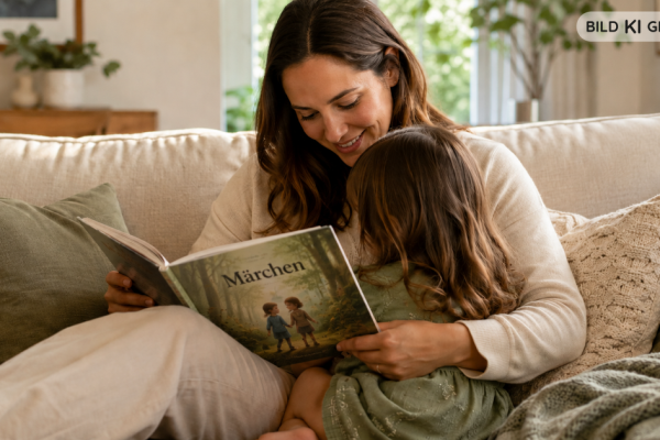 Mutter liest ihrem Kind auf dem Sofa vor, das Kind ist von hinten zu sehen - symbolisch für Geborgenheit und ruhiges Abwarten bei vergrößerten Rachenmandeln