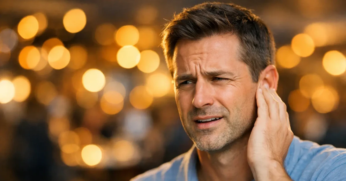 Person mit akutem Ohrgeräusch (Tinnitus) in Umgebung mit lauter Musik