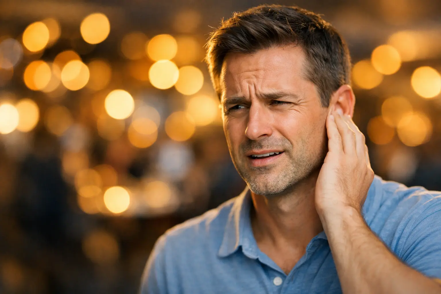 Person mit akutem Ohrgeräusch (Tinnitus) in Umgebung mit lauter Musik