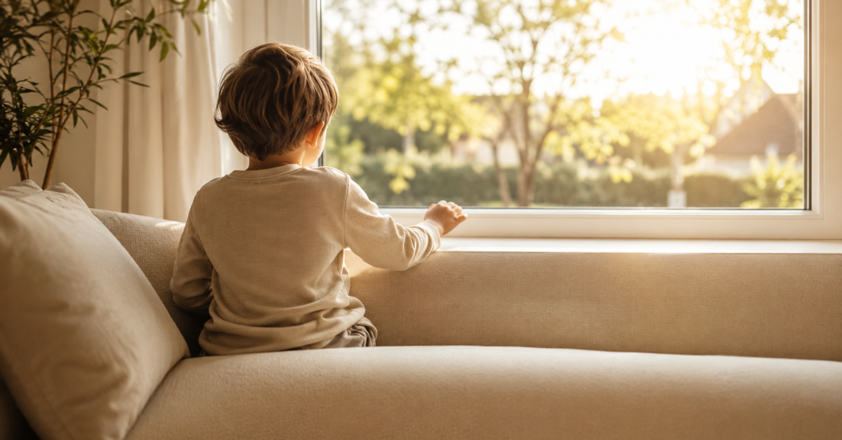 Kind sitzt am Fenster und schaut hinaus — Symbol für Hörprobleme und Aufmerksamkeit bei Kindern