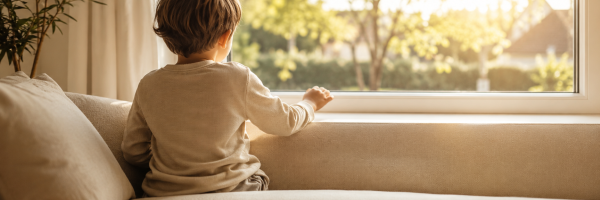 Kind sitzt am Fenster und schaut hinaus — Symbol für Hörprobleme und Aufmerksamkeit bei Kindern