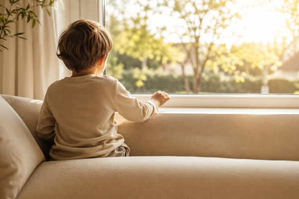 Kind sitzt am Fenster und schaut hinaus — Symbol für Hörprobleme und Aufmerksamkeit bei Kindern